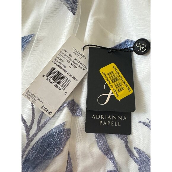 Adrianna Papell NWT $159 Blue Leaf Embroidered A-Line Dress, Women's Size 14 - Picture 10 of 12